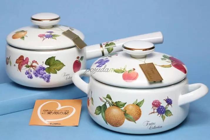 Enameled Saucepans (27 cov duab): Ib qho kev piav qhia ntawm saucepan ntawm kev tsim cov chaw ntawm Russia thiab lwm cov qauv. Puas yog nws ua tau kom muab tso rau hauv qhov cub? Sib piv nrog cov kua nplaum stainless hlau. 10761_19