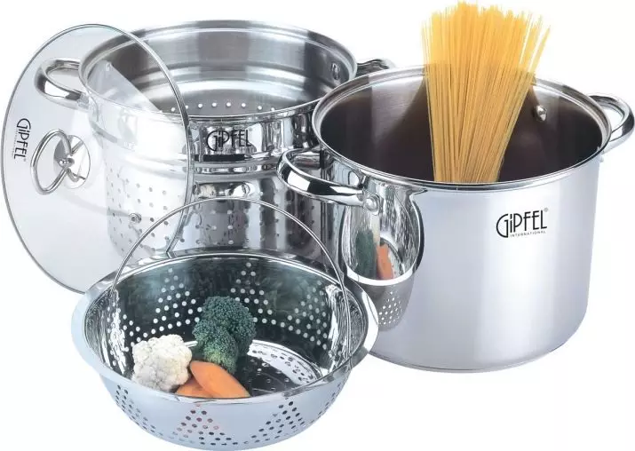 Spaghetti Pan: beschrijving van hoge steelpan met een raster voor het koken van pasta, een selectie van smalle modellen met Colander binnenin 10816_10