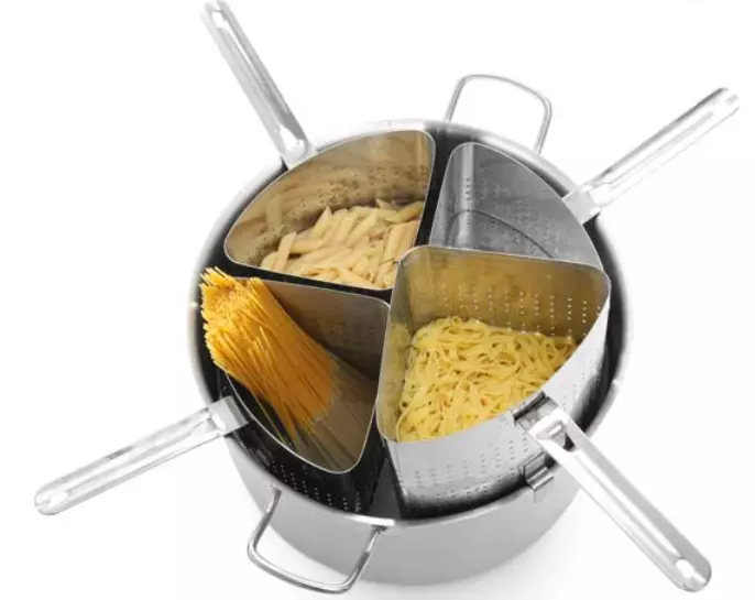Spaghetti Pan: beschrijving van hoge steelpan met een raster voor het koken van pasta, een selectie van smalle modellen met Colander binnenin 10816_11