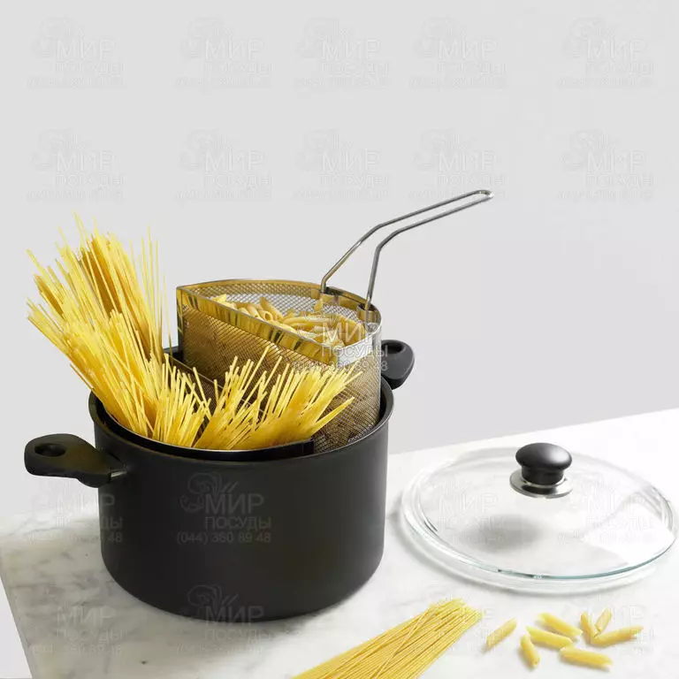 Spaghetti Pan: beschrijving van hoge steelpan met een raster voor het koken van pasta, een selectie van smalle modellen met Colander binnenin 10816_13