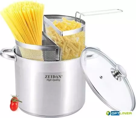 Spaghetti Pan: beschrijving van hoge steelpan met een raster voor het koken van pasta, een selectie van smalle modellen met Colander binnenin 10816_9