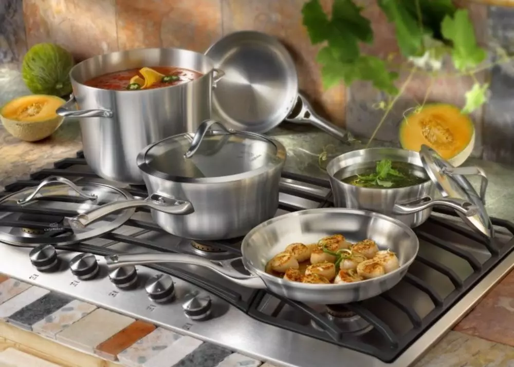 უჟანგავი ფოლადის კერძები: Metal Kitchenware- ის მახასიათებლები. როგორ გაწმენდა სამედიცინო ფოლადი Nagar სახლში? 10821_5