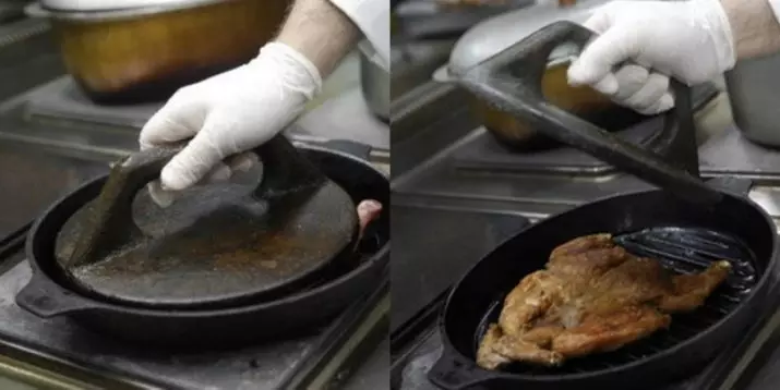 Tapaca Frying Pan: Storia della padella georgiana per la cottura del pollo del tabacco. Descrizione Pelle con pressa a vite e altri modelli 10911_3