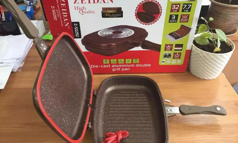 Double-sided frying pan: Dual grill frying pan, pans para sa induction plates at electrical models. Mga Review 10914_5