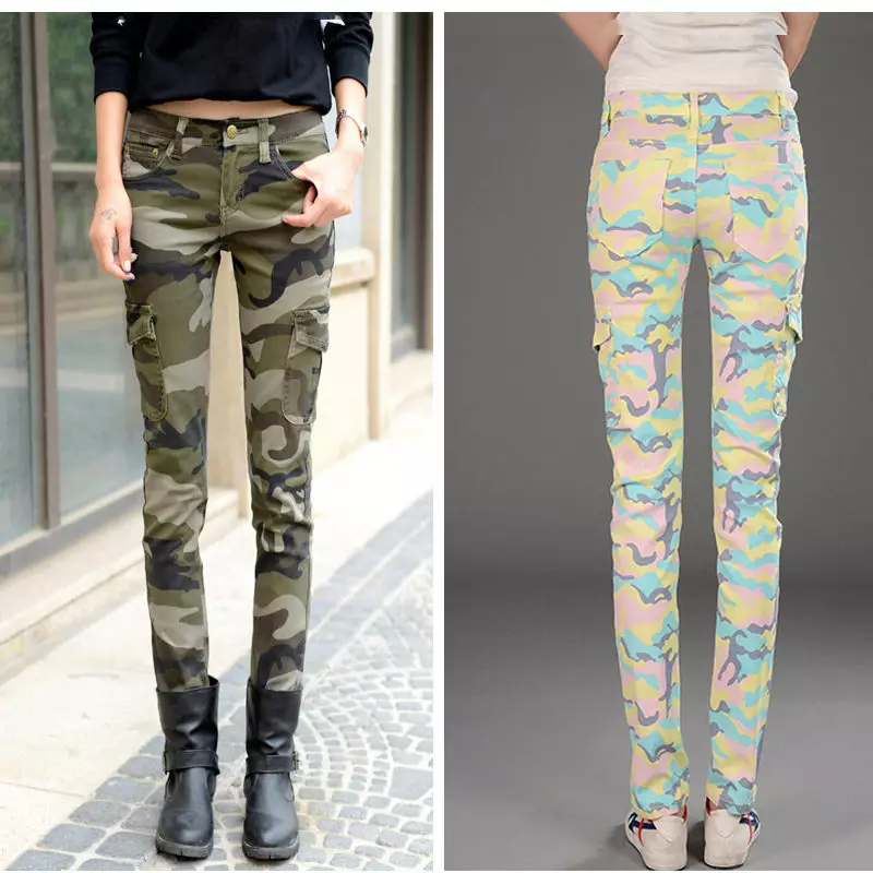 Jeans za Camouflage (picha 60): Nini kuvaa, mifano mingine ya wanawake na kuchapisha camouflage 1094_22