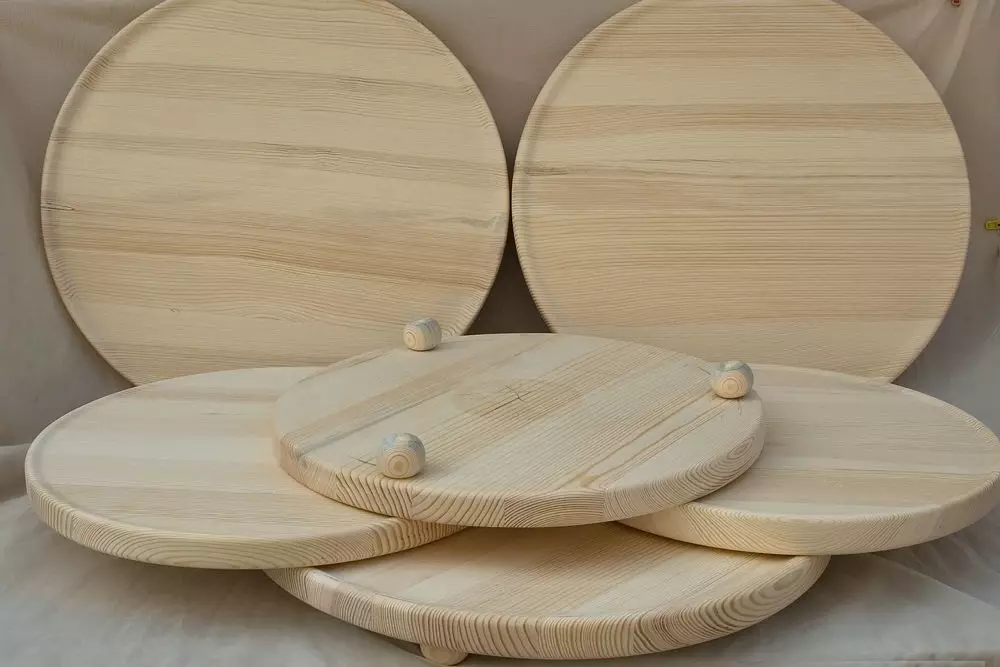 Safates de fusta rodona: Arbre safates amb nanses i els costats, safates tallades per a restaurants i altres opcions 10962_14
