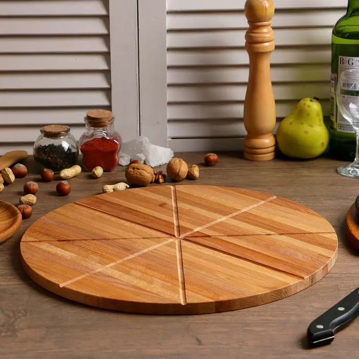 Pizza Chalkboard: Pregled drvenih okruglih ploča veličine 40 cm za hranjenje pizza, bambus i rotiranje s ručkom 11010_2