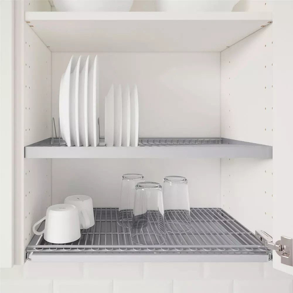 Kabinede bulaşıklar için kurutucu: Plakalar ve diğer modeller için dahili köşe mutfak kurutucuların tanımı 11057_10