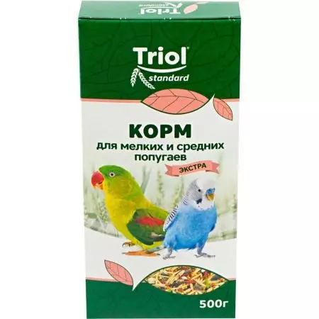 Triol feed: kanggo parrot lan rodents. Deleng saka feed kanggo terwelu lan tikus, babi guinea lan hamsters, manuk lan chinchillas. Produk liyane 11302_8