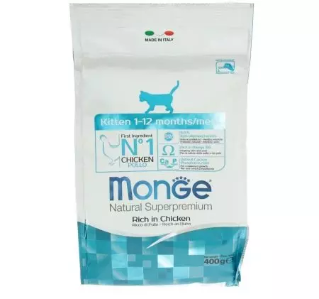 pakan MONGE untuk anak kucing: kering dan basah, komposisi mereka. Pakan dengan ikan trout dan angsa, 10 kg dan spidth, dosis dan tingkat makan. Ulasan 11342_2