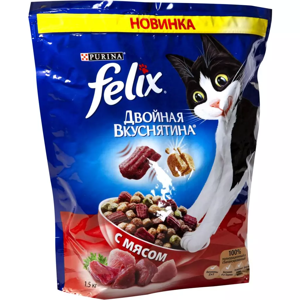Comida seca para gatos FELIX: composición, comida para gatos para gatos adultos en paquetes de 1,5 kg, visión xeral de alimentación kitty 11349_11