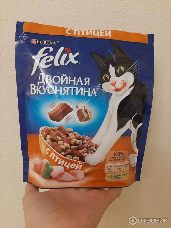 L'aliment sec per a gats Felix: composició, el menjar per a gats per a gats adults en paquets de 1,5 kg, vista general d'alimentació gatet 11349_18
