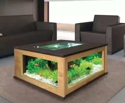 Meja-Aquarium (24 foto): Pilihan untuk membuat meja kopi kaca dengan ikan dari paip. Pemilihan meja akuarium di pedalaman 11480_11