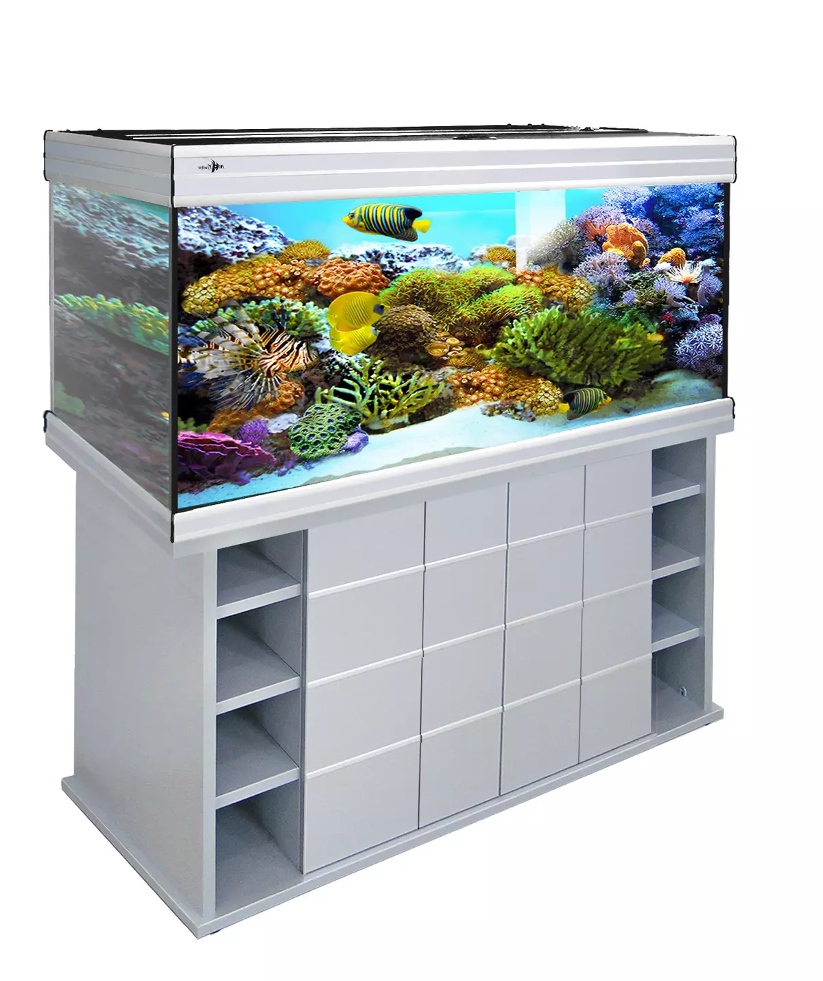 Aquariums ya Panoramic (picha 12): faida na hasara za panorama. Mstatili bora zaidi. Kubuni ya mifano ya lita 100, 120, 150 na 200 11489_5