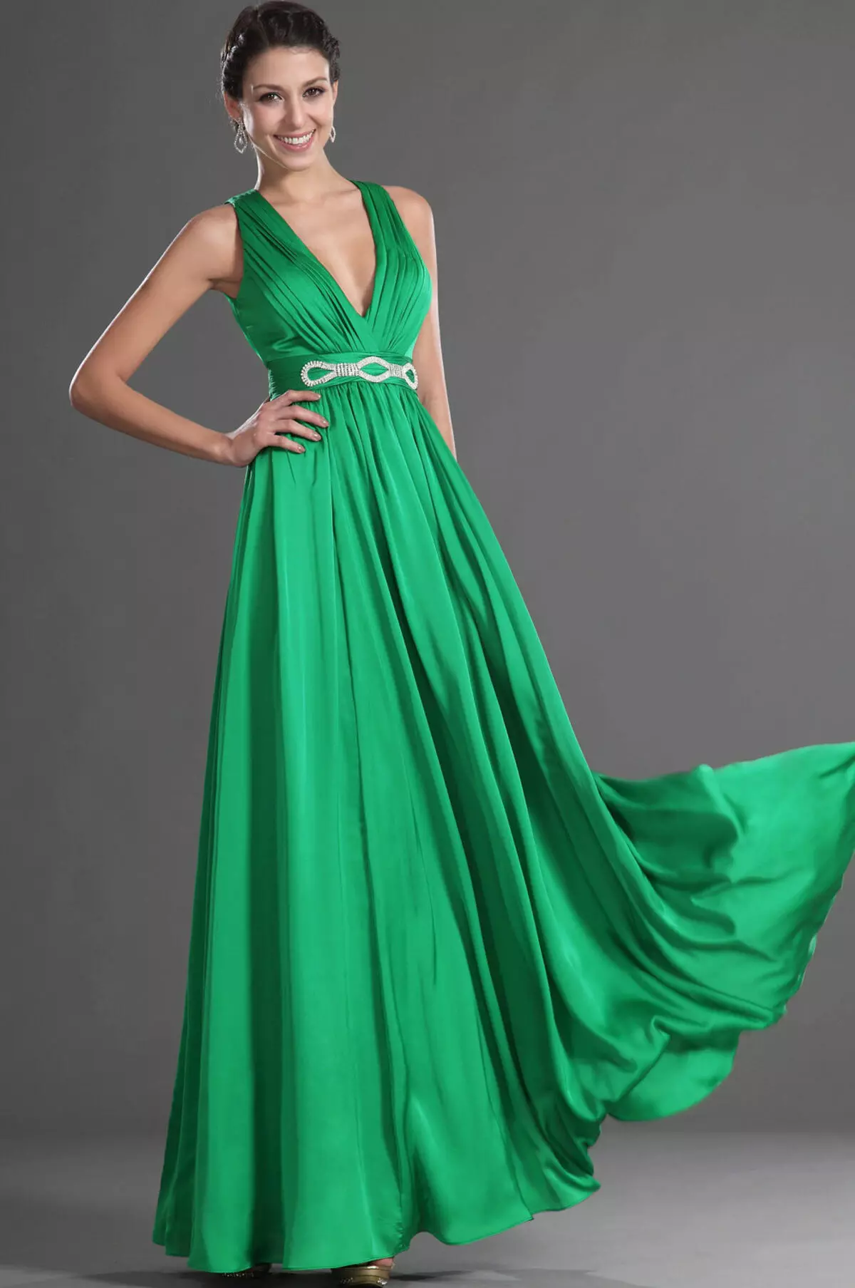 Green flowing satin dress