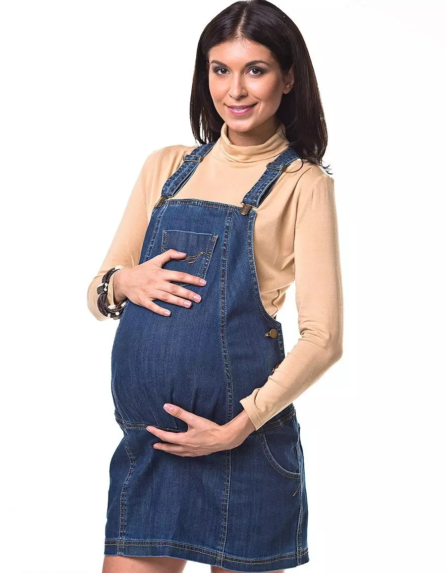 Denim sundre za nosečnice (33 fotografije): Kaj nositi? 1251_12