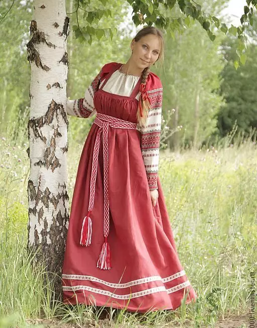 Model Russian sundress with a fitted bodice