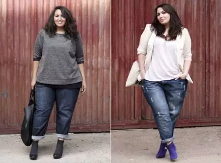 Ripped džinsi uz pilnas meitenes (25 fotogrāfijas): ko valkāt lentes džinsi lieliem izmēriem 13422_18
