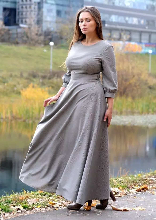 Lang lukket grå kjole A-formet langærmet silhuet til fulde kvinder