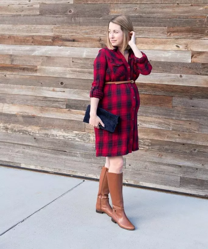 Camisa de vestido vermelho na gaiola azul para mulheres grávidas