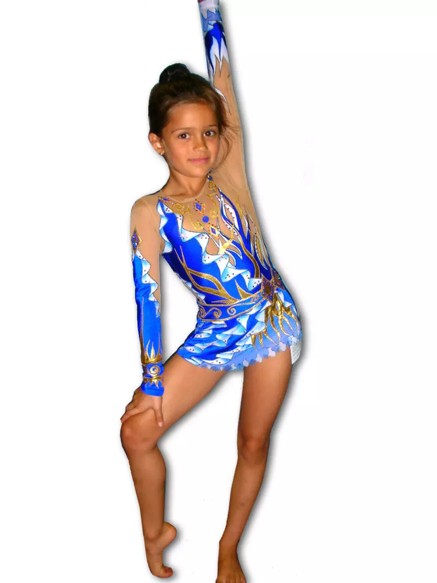 Kostuums vir ritmiese gimnastiek (60 foto's): gimnastiek pak vir meisies 13611_10