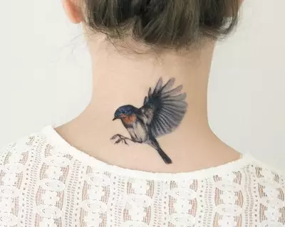 Tattoo ar putniem (76 fotogrāfijas): vērtība un skices. Tetovējumi uz kakla un meiteņu klaviera, uz krūtīm un uz pleciem, uz muguras un kājas, uz lāpstas un uz citām ķermeņa daļām 13741_22