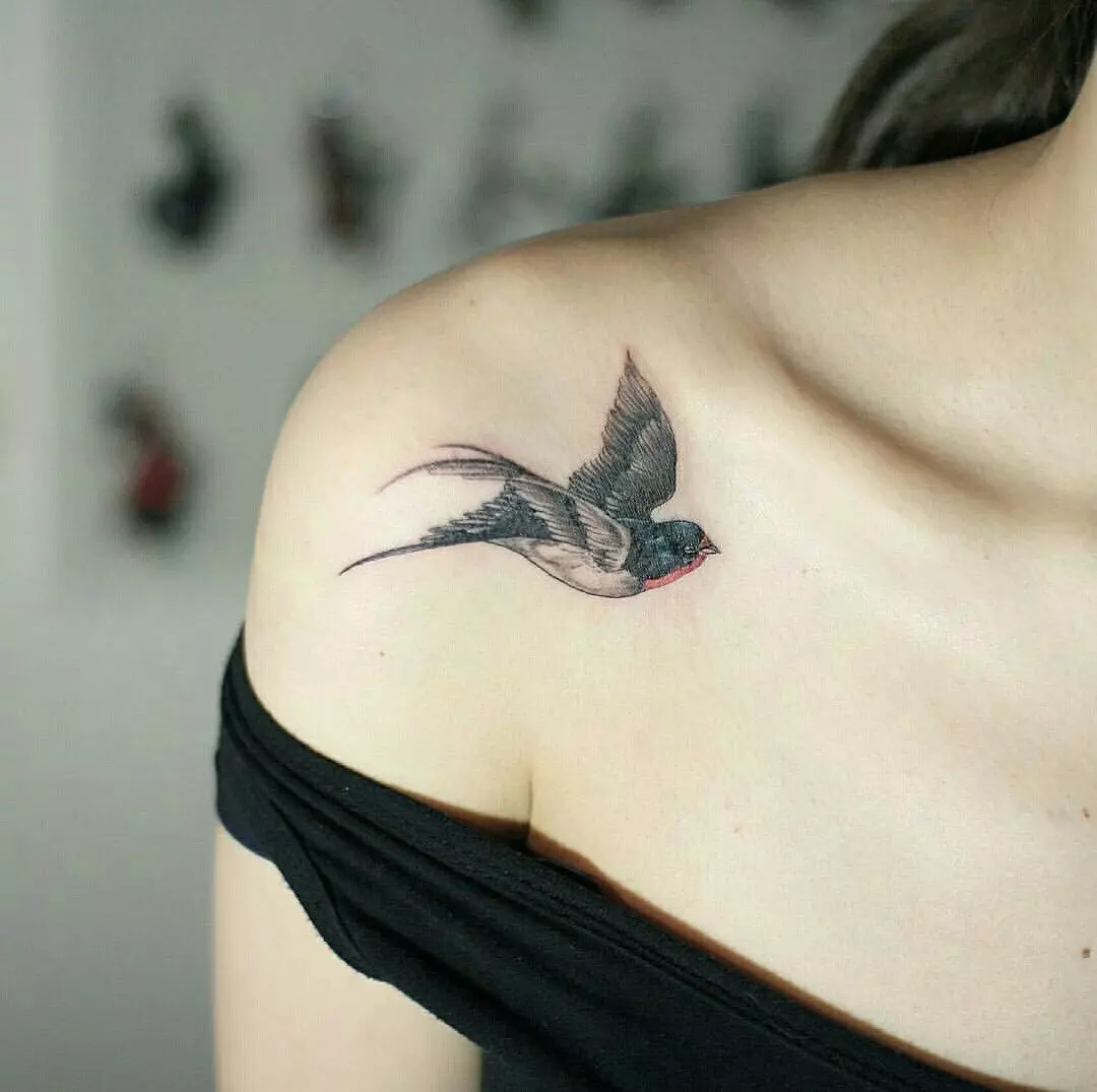 Tattoo ar putniem (76 fotogrāfijas): vērtība un skices. Tetovējumi uz kakla un meiteņu klaviera, uz krūtīm un uz pleciem, uz muguras un kājas, uz lāpstas un uz citām ķermeņa daļām 13741_23