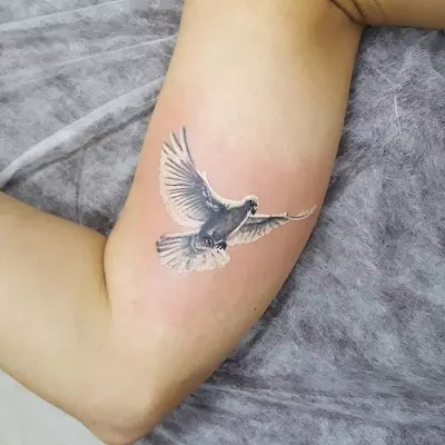 Tattoo ar putniem (76 fotogrāfijas): vērtība un skices. Tetovējumi uz kakla un meiteņu klaviera, uz krūtīm un uz pleciem, uz muguras un kājas, uz lāpstas un uz citām ķermeņa daļām 13741_24