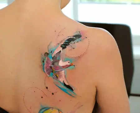 Tattooie met voëls (76 foto's): Waarde en sketse. Tattoos op die nek en op die klavilie van meisies, op die bors en op die skouers, op die rug en been, op die skop en op ander dele van die liggaam 13741_29