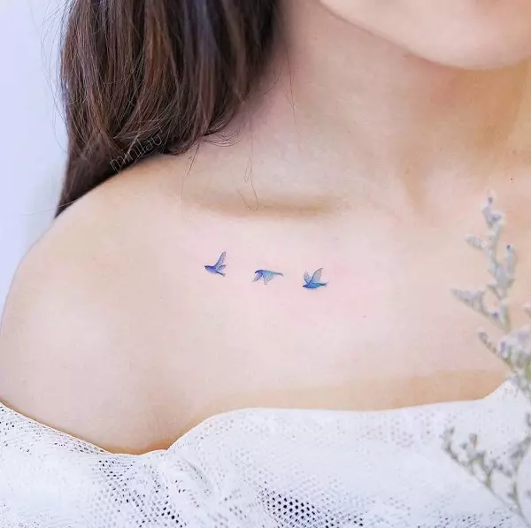Tattoo me zogjtë (76 foto): Vlera dhe skica. Tatuazhe në qafë dhe në klavikulën e vajzave, në gjoks dhe mbi supet, në pjesën e prapme dhe këmbën, në lopatë dhe në pjesë të tjera të trupit 13741_68