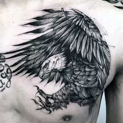 Tattoo ar putniem (76 fotogrāfijas): vērtība un skices. Tetovējumi uz kakla un meiteņu klaviera, uz krūtīm un uz pleciem, uz muguras un kājas, uz lāpstas un uz citām ķermeņa daļām 13741_74