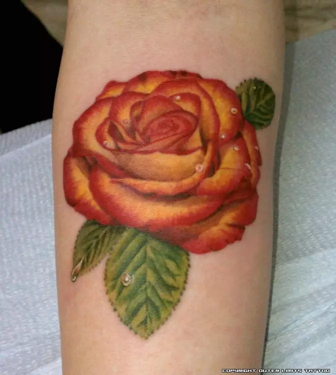 Tattoo Rose za dekleta (51 fotografij): Vrednost, tattoo na roki in noga, na zapestju in stegnu, skice. Tattoo na ščetkah, rami in drugih delih telesa 13761_29