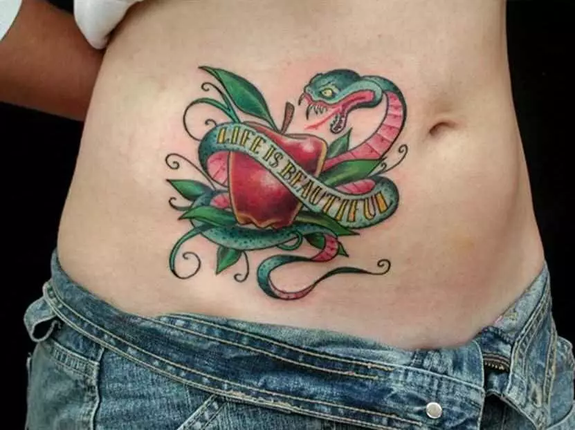 Tattoo na želodcu za dekleta (61 fotografij): skice. Tetovaže na dnu trebuha in okoli popka po porodu, majhna lepa tattoo in velika 13772_15