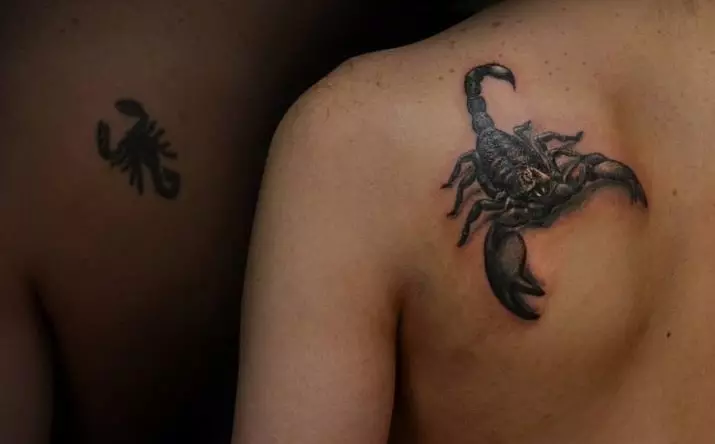 Een met skerpioene (69 foto's): waarde en sketse. Tattoos op hand en op die skouer, op die nek en op die bors, tekeninge op die graaf, op die been en op ander dele van die liggaam 13780_20