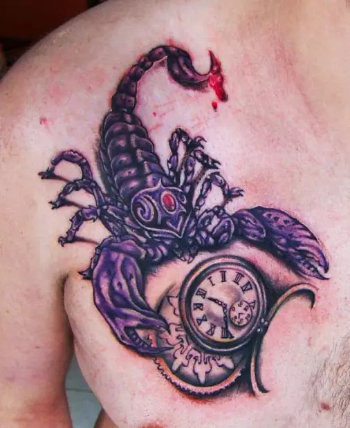 Tatuagem com escorpiões (69 fotos): valor e esboços. Tatuagens na mão e no ombro, no pescoço e no peito, desenhos na pá, na perna e em outras partes do corpo 13780_29