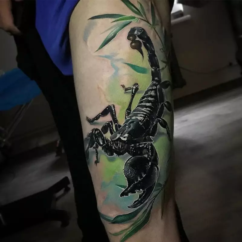 Tattoo ກັບ scorpions (69 ຮູບ): ມູນຄ່າແລະ sketches. Tattoos ຢູ່ໃນມືແລະບ່າໄຫລ່, ຢູ່ເທິງຄໍແລະໃສ່ຫນ້າເອິກ, ຮູບແຕ້ມໃສ່ຊ້ວນ, ໃສ່ຂາແລະສ່ວນອື່ນໆຂອງຮ່າງກາຍ 13780_43