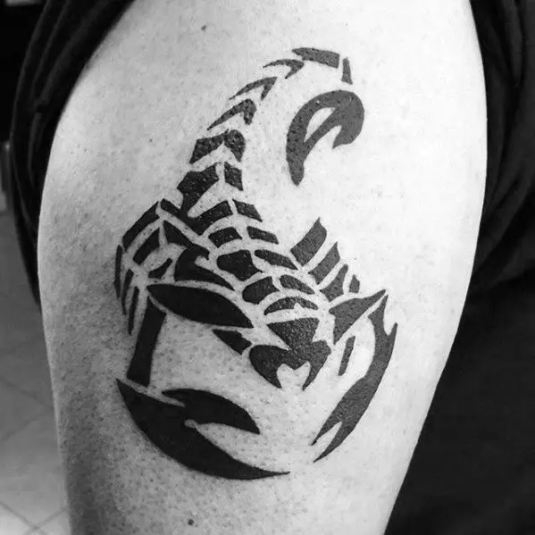 Tetovējums ar skorpioniem (69 fotogrāfijas): vērtība un skices. Tetovējumi uz rokas un uz pleca, uz kakla un uz krūtīm, zīmējumi uz lāpstas, uz kājas un uz citām ķermeņa daļām 13780_45