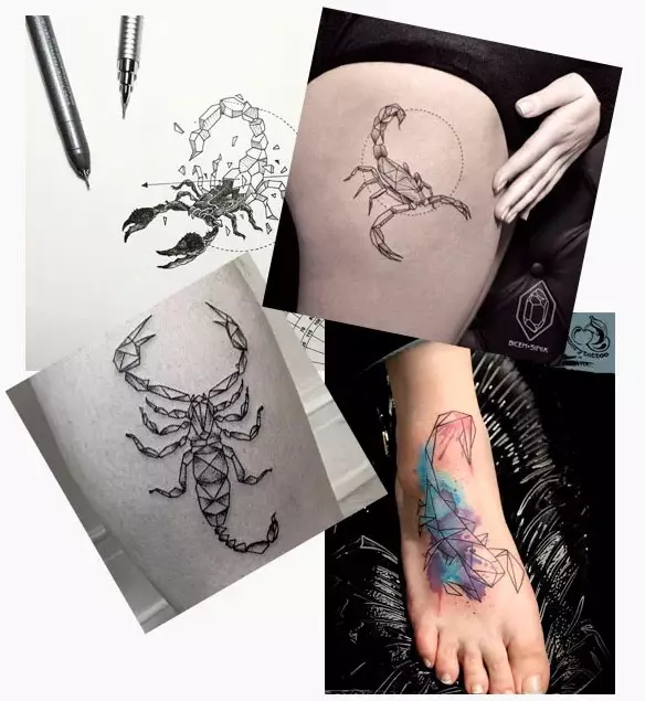 Tattoo s škorpijoni (69 fotografij): Vrednost in skice. Tetovaže na roki in na rami, na vratu in na prsih, risbe na lopatu, na nogi in na drugih delih telesa 13780_52