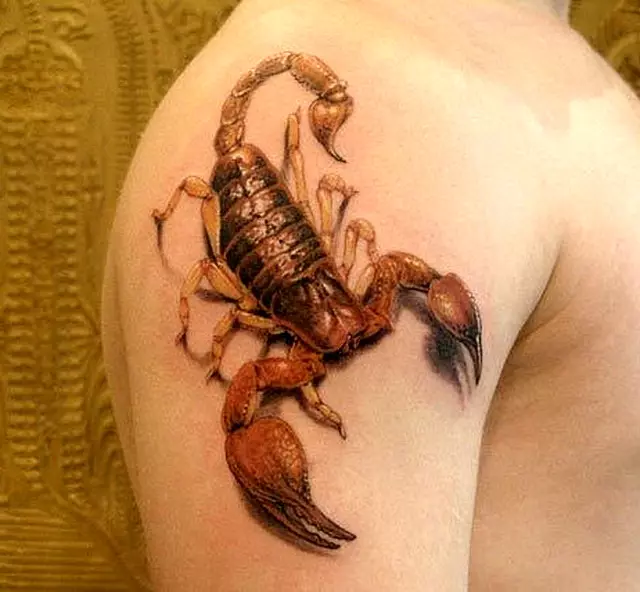 Tattoo cu scorpioni (69 fotografii): valoare și schițe. Tatuaje pe mână și pe umăr, pe gât și pe piept, desene pe lopată, pe picior și pe alte părți ale corpului 13780_58