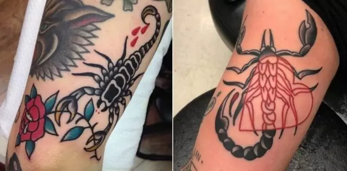 Tetovējums ar skorpioniem (69 fotogrāfijas): vērtība un skices. Tetovējumi uz rokas un uz pleca, uz kakla un uz krūtīm, zīmējumi uz lāpstas, uz kājas un uz citām ķermeņa daļām 13780_61