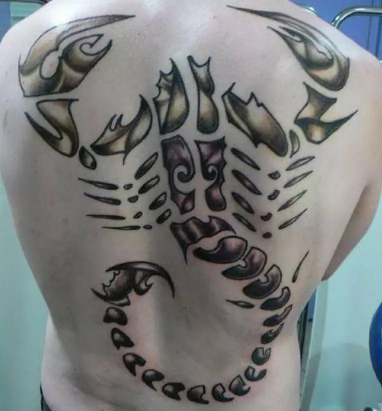 Tattoo s škorpijoni (69 fotografij): Vrednost in skice. Tetovaže na roki in na rami, na vratu in na prsih, risbe na lopatu, na nogi in na drugih delih telesa 13780_67