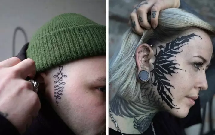 Tatuaxe na cara (57 fotos): Para nenas e homes, bocetos de pequenos tatuaxes e grandes. Tatuaxe na fronte e sobre as cellas, na fazula e noutras partes da cara 13818_34