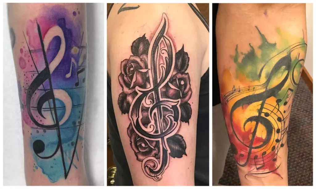 Tattoo assosiert med musikk: skisser av musikalske tatoveringer. Tatovering på hånden og på nakken, liten og stor. Tatoveringer for menn og jenter