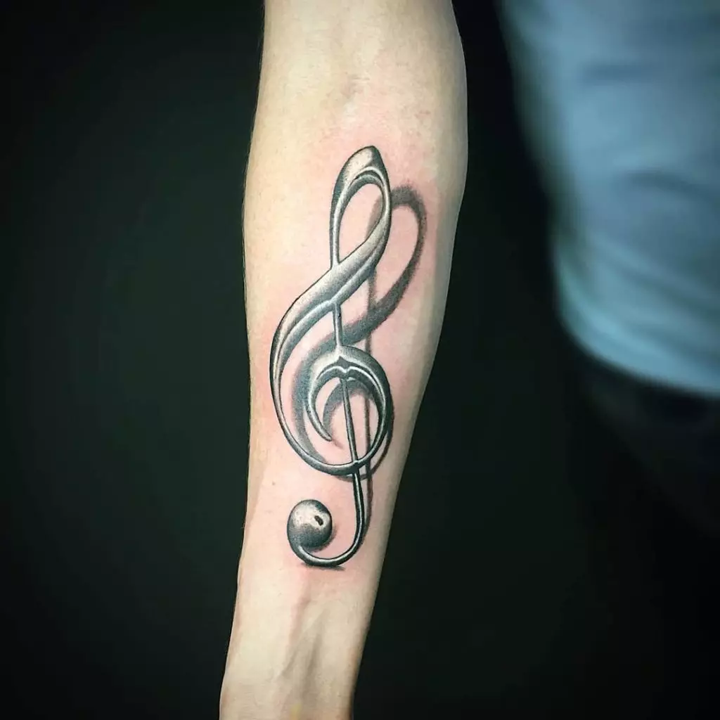 Tatuaż związany z muzyką: szkice tatuaży muzycznych. Tatuaż pod ręką i na szyi, mały i duży. Tatuaże dla mężczyzn i dziewcząt 13868_11