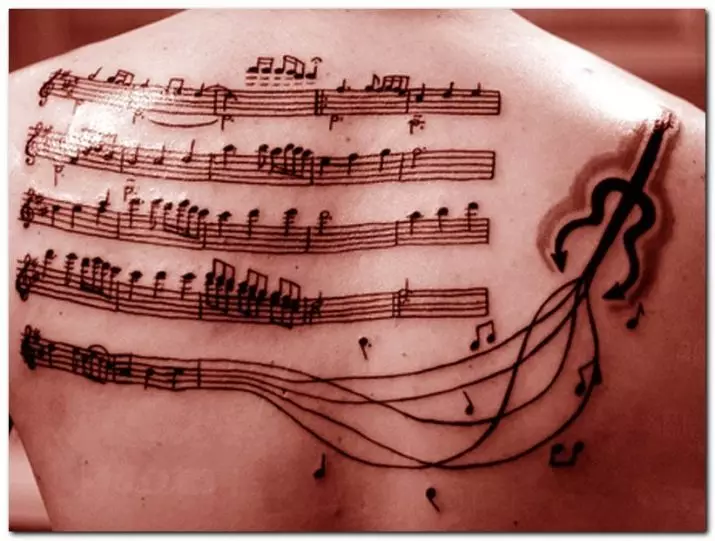 Tatuaż związany z muzyką: szkice tatuaży muzycznych. Tatuaż pod ręką i na szyi, mały i duży. Tatuaże dla mężczyzn i dziewcząt 13868_18