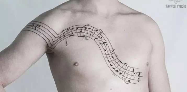 Tatu yang dikaitkan dengan muzik: lakaran tatu muzik. Tatu di tangan dan di leher, kecil dan besar. Tatu untuk lelaki dan perempuan 13868_2