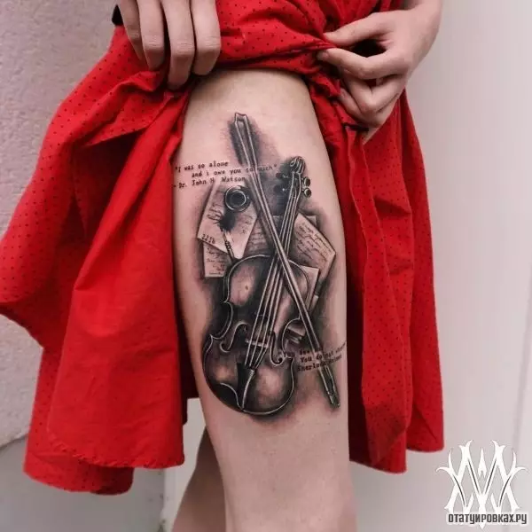 Tetování spojené s hudbou: náčrtky hudebních tetování. Tetování na straně a na krku, malá a velká. Tattoos pro muže a dívky 13868_42