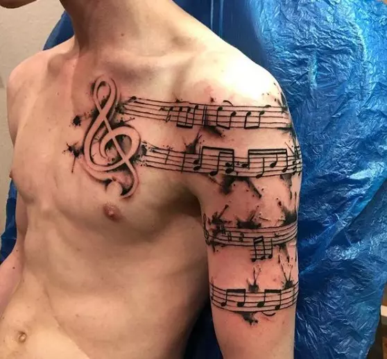 Tattoo assosiert med musikk: skisser av musikalske tatoveringer. Tatovering på hånden og på nakken, liten og stor. Tatoveringer for menn og jenter 13868_44