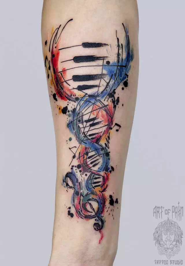 Tetování spojené s hudbou: náčrtky hudebních tetování. Tetování na straně a na krku, malá a velká. Tattoos pro muže a dívky 13868_47