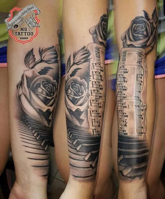Tattooated Tattooated da kiɗa: Sketches na kiɗa na kiɗa. Tattoo a hannu da a wuya, ƙarami da babba. Tattoos ga maza da mata 13868_48